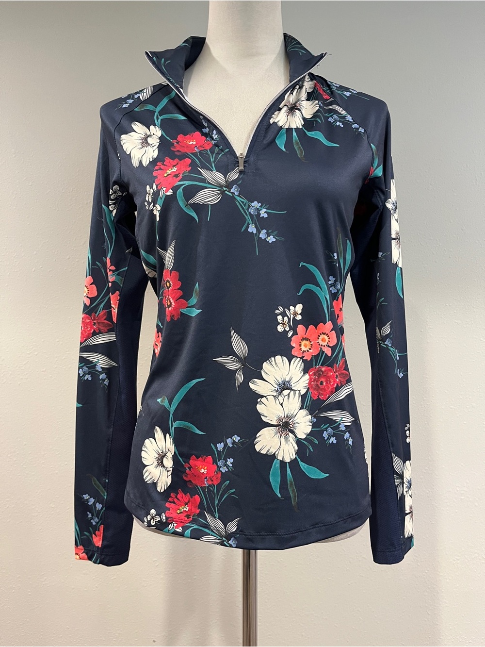 Navy Floral Quarter-Zip Long Sleeve Top size XS